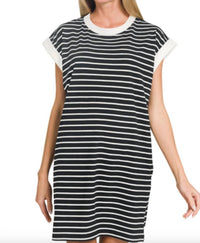 Zenana - Contrast Trim Striped T-shirt Dress With Pockets