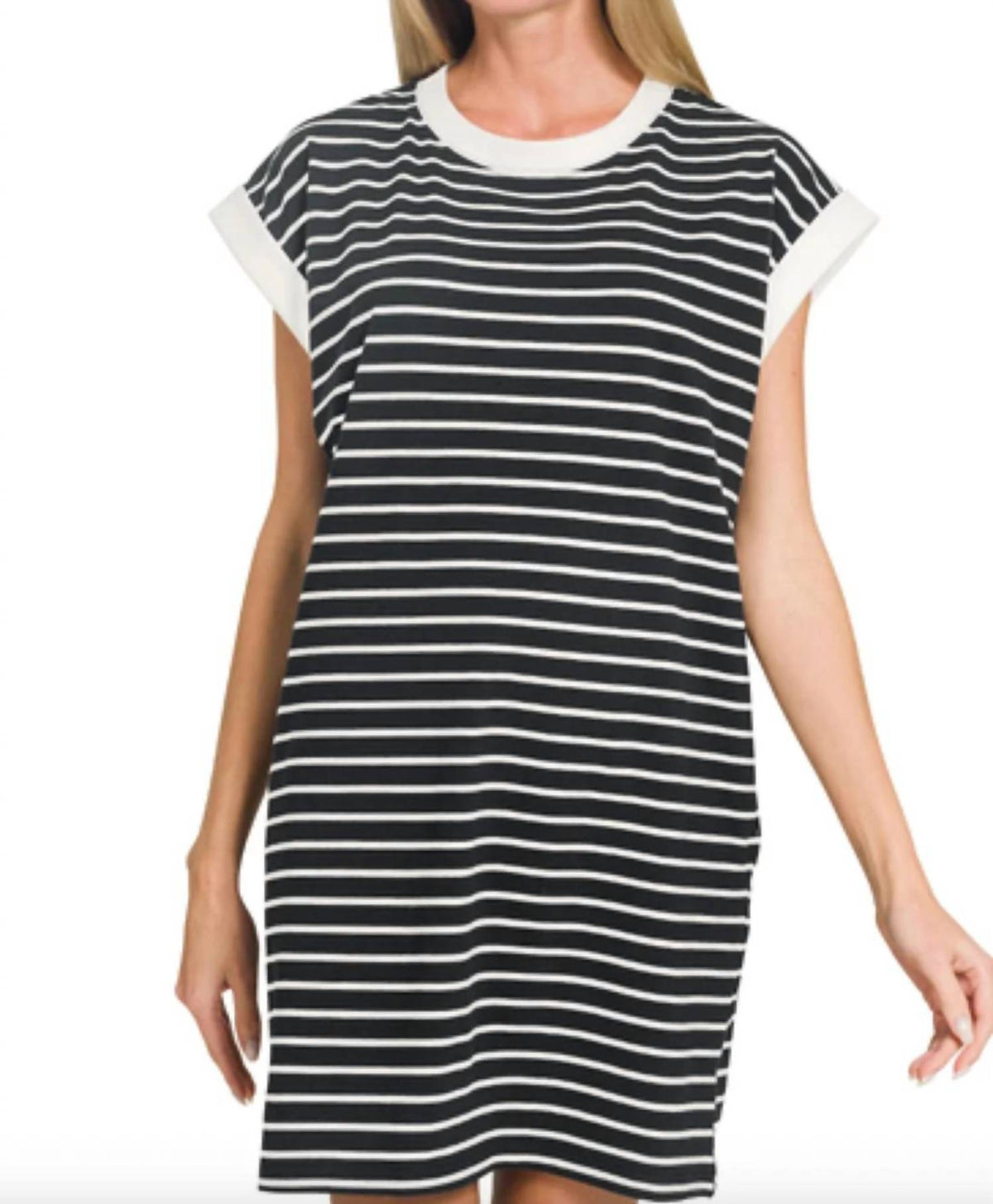 Zenana - Contrast Trim Striped T-shirt Dress With Pockets