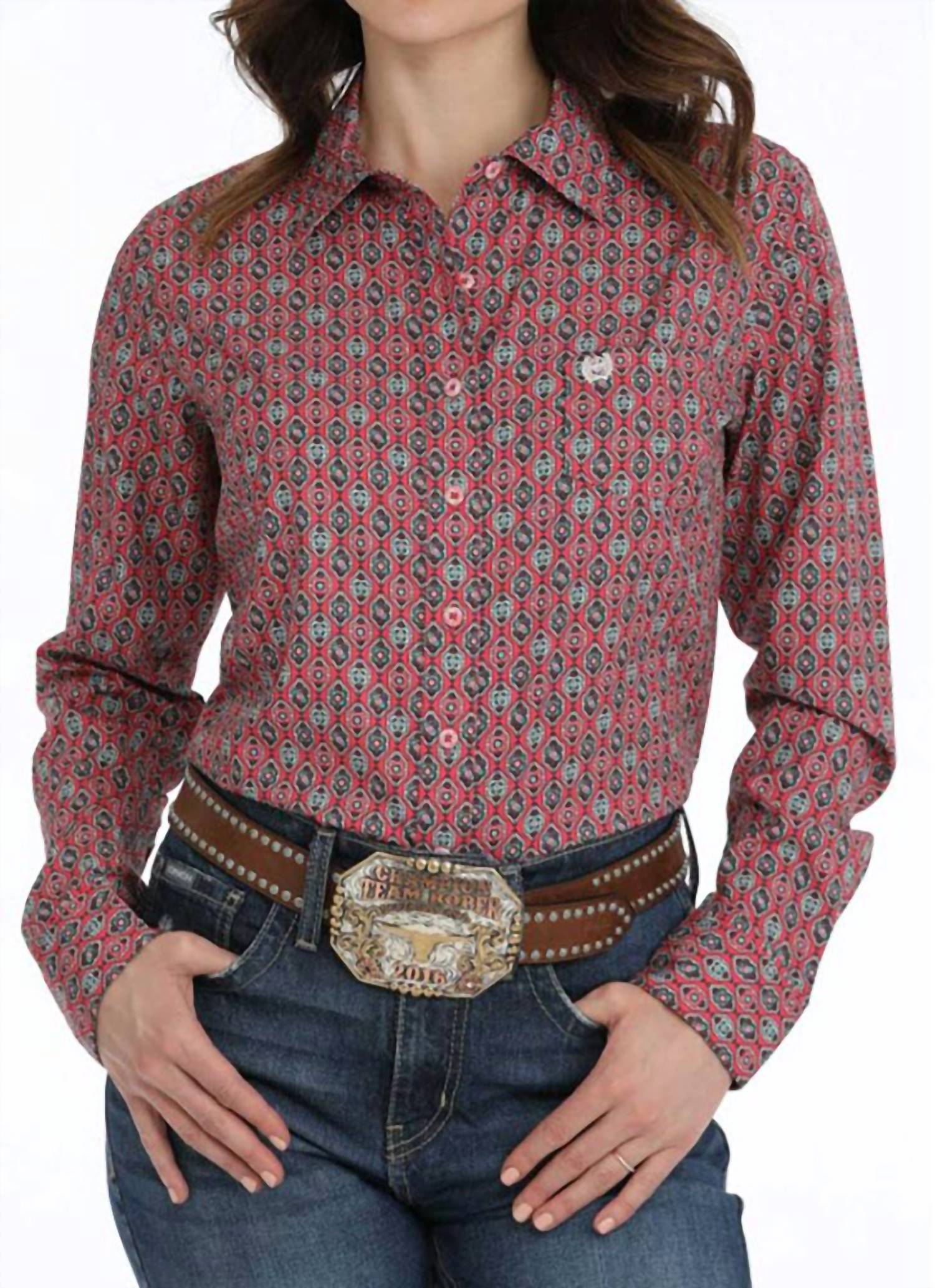 CINCH Women's Arenaflex Button Down Print Shirt in pink - women's shirt