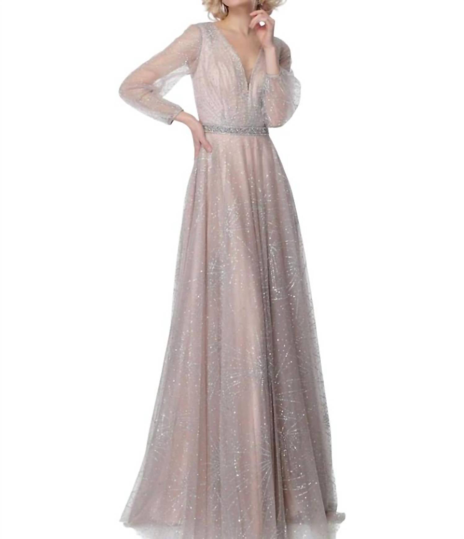 Jovani - Glittered V-neck A-line Dress