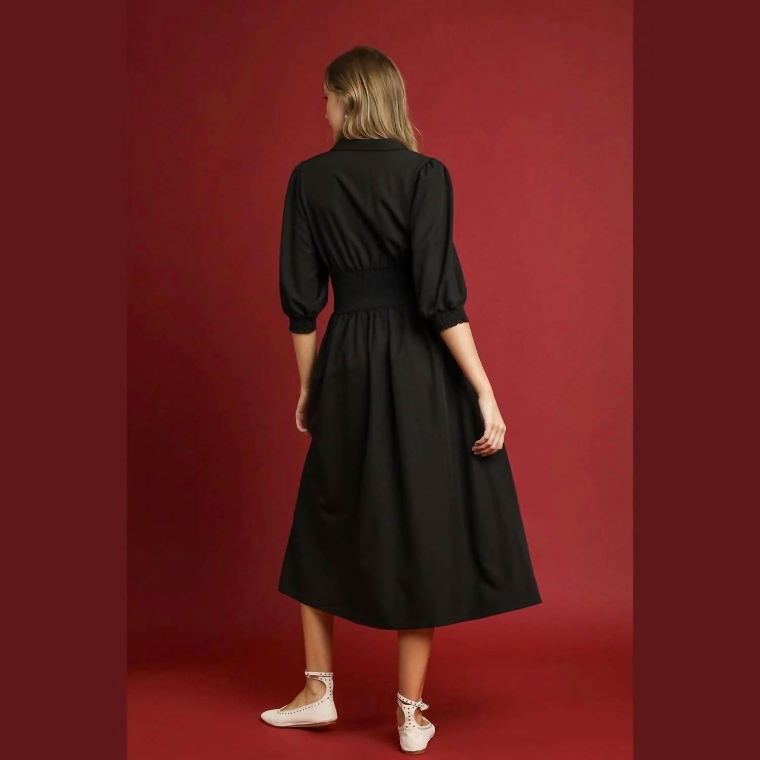 Umgee - Smocked Waist Zip Midi Dress