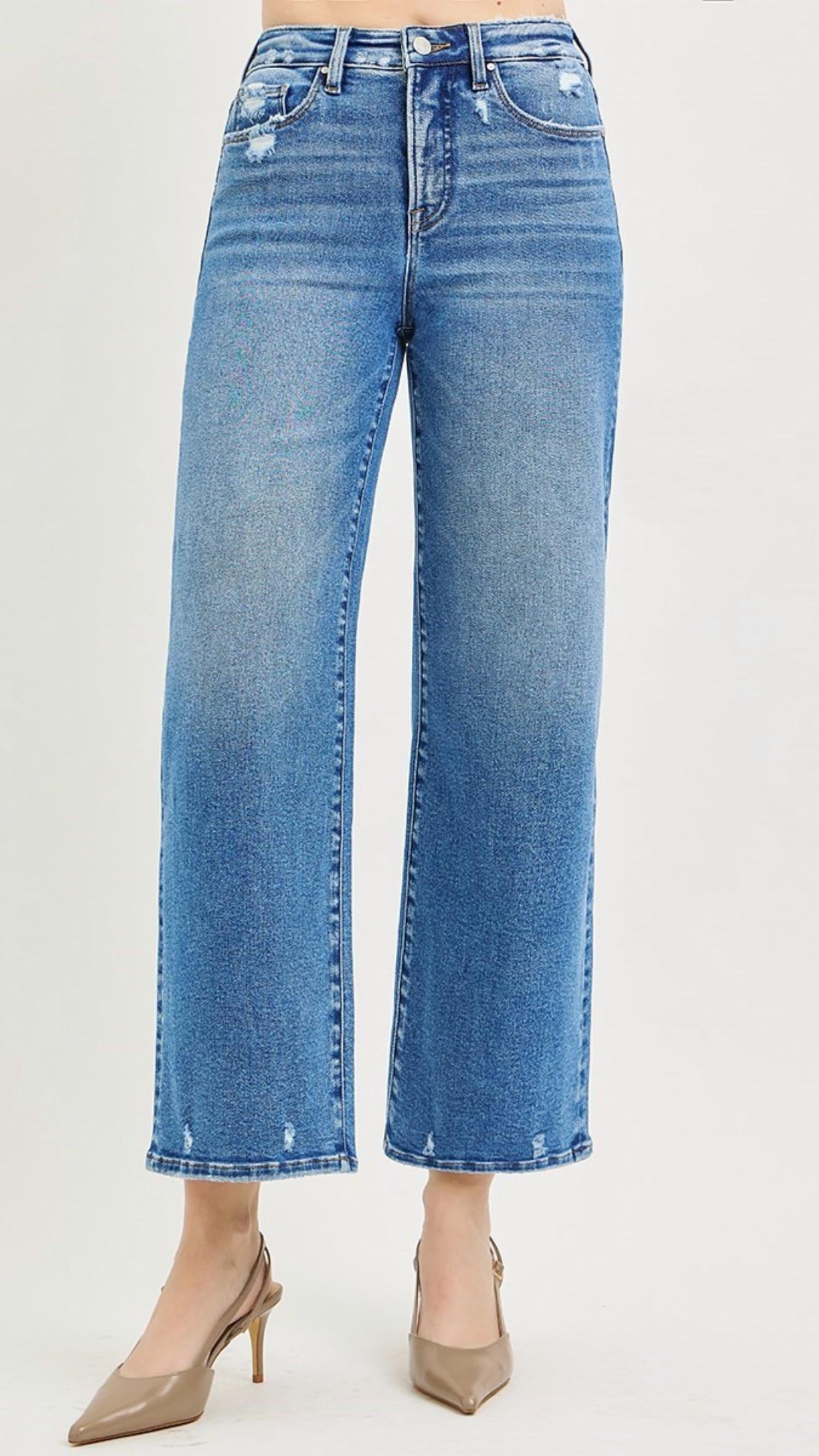 Risen - High Rise Tummy Control Crop Wide Leg Jeans