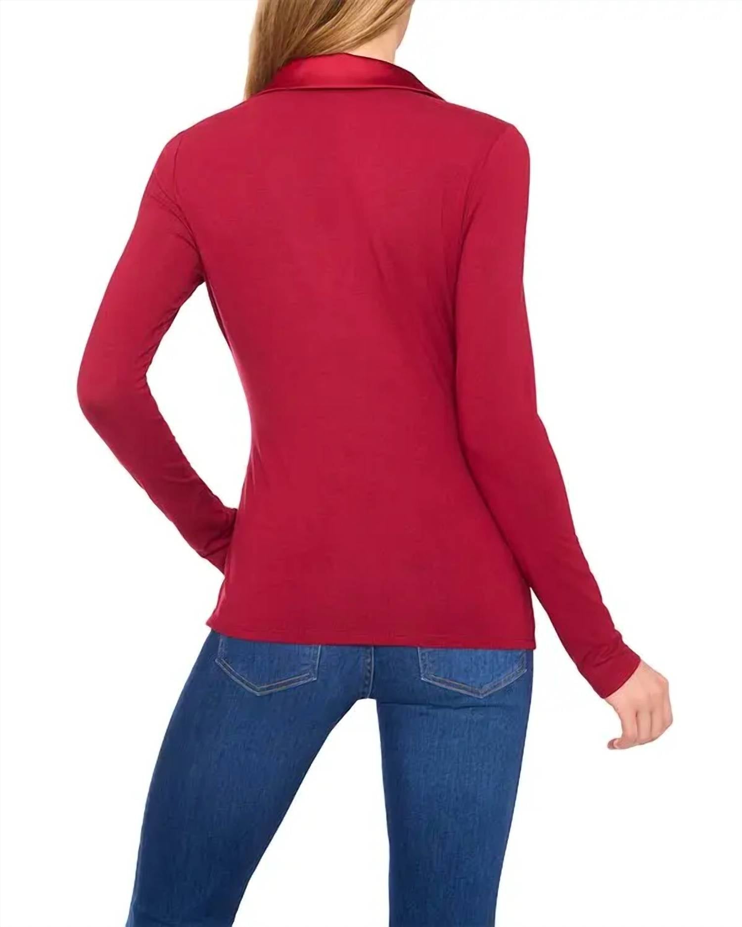 CeCe Collared V-neck Long Sleeve Jersey With Satin Detail Top in mulberry red - women's long sleeve top - alternate view