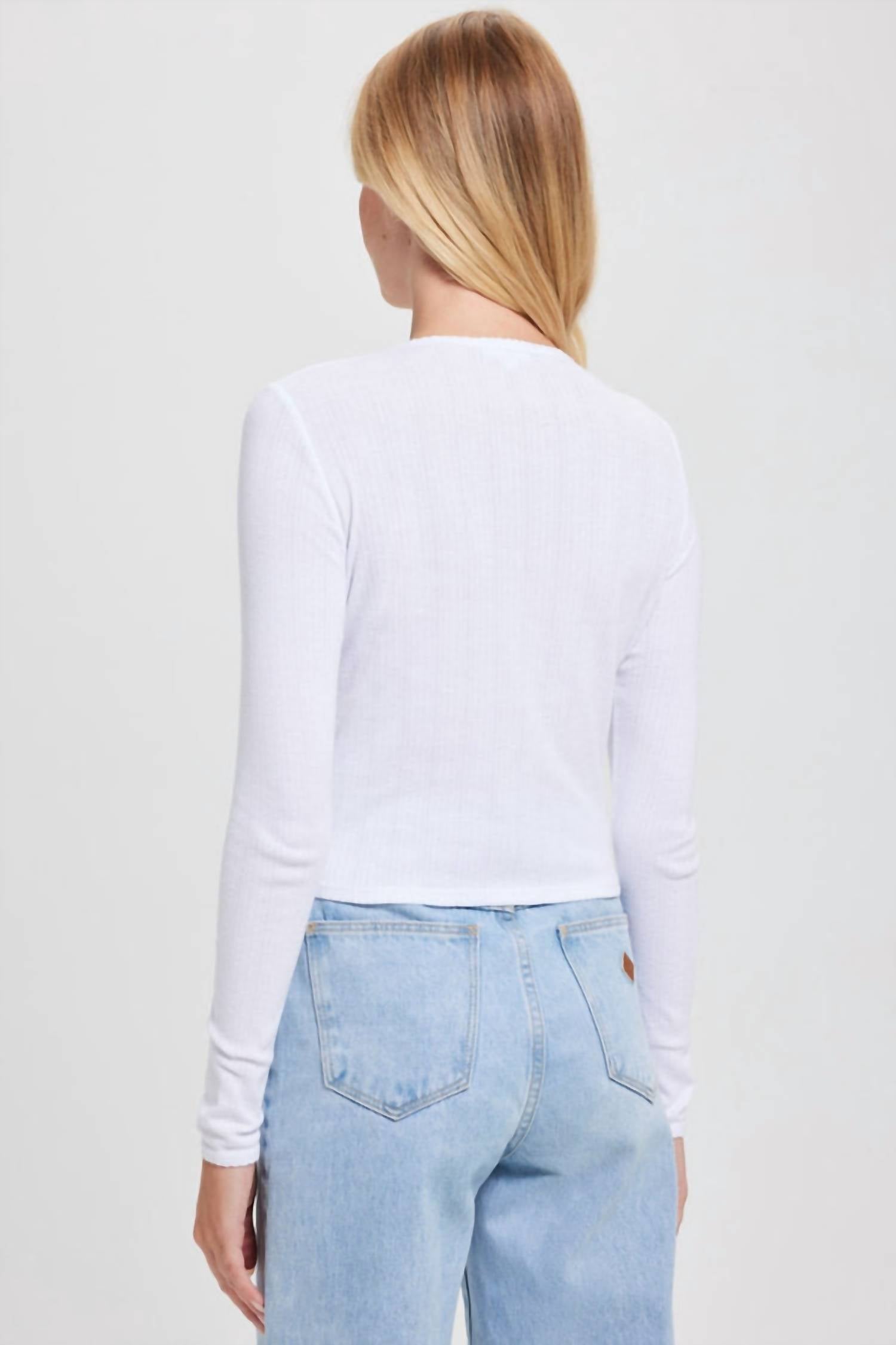 Goldie Lewinter Long Sleeve Pointelle Crop Cardigan in white - women's cardigan - detail view