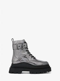 MICHAEL KORS Women's Colby Crackled Metallic Leather Combat Boots in silver - women's shoe - detail view