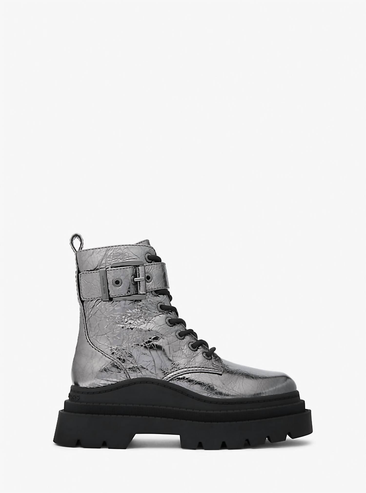 MICHAEL KORS Women's Colby Crackled Metallic Leather Combat Boots in silver - women's shoe - detail view