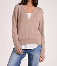 ELAN Layered Two-For One Knit Top in oatmeal white - women's long sleeve top