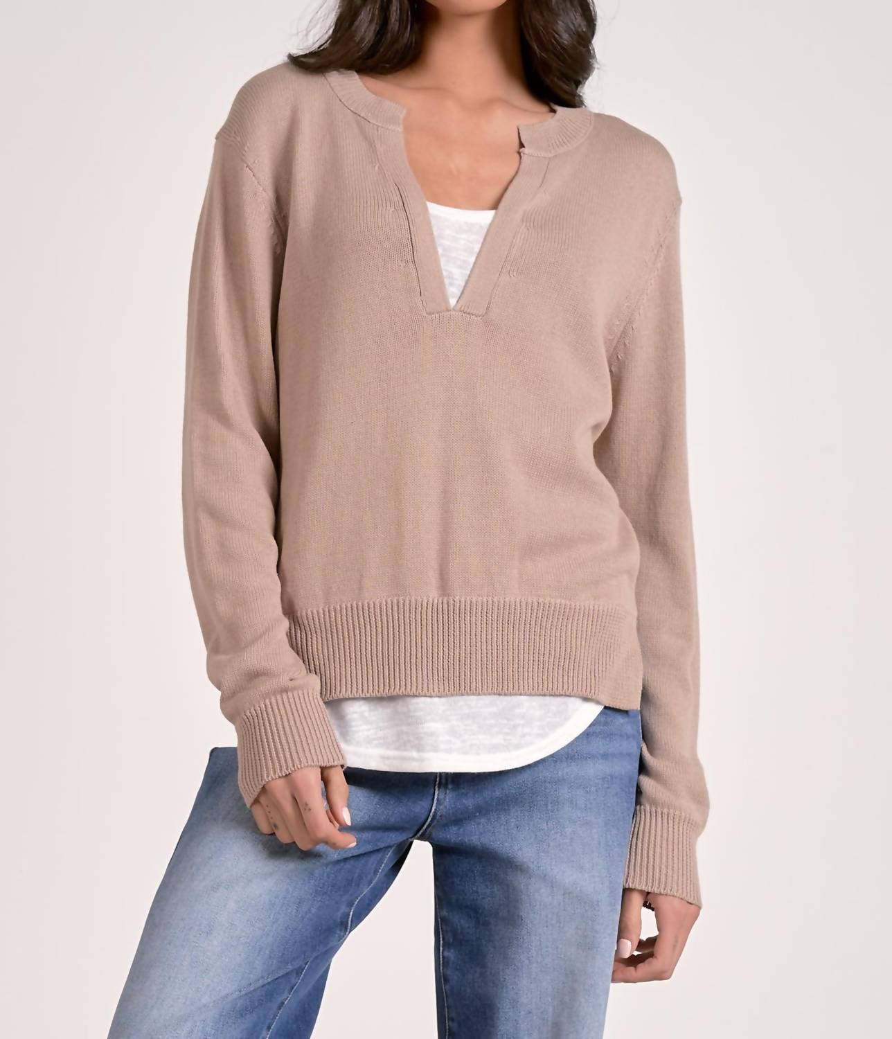 ELAN Layered Two-For One Knit Top in oatmeal white - women's long sleeve top