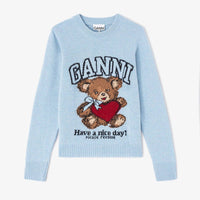 GANNI Teddy Graphic Wool Sweater in baby blue - women's sweater - view 4
