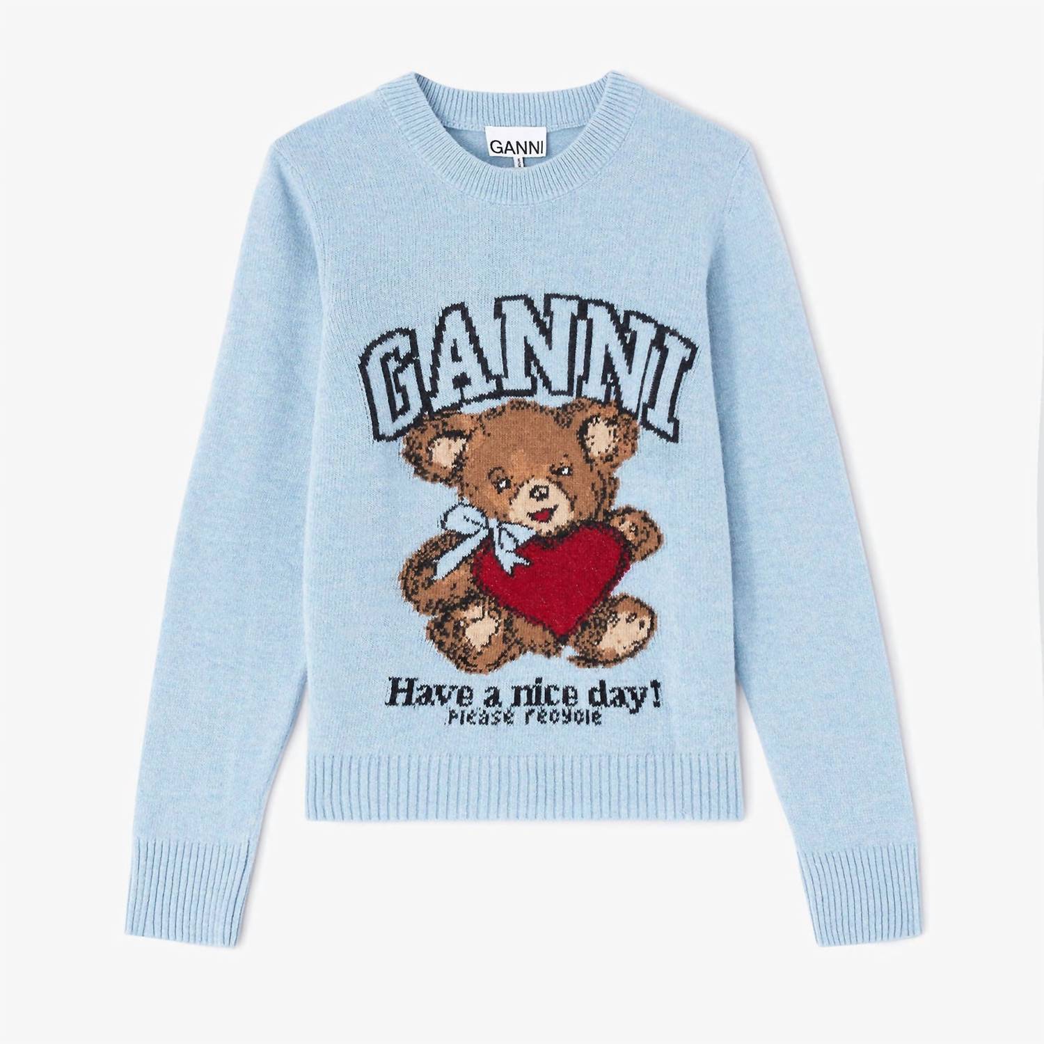 GANNI Teddy Graphic Wool Sweater in baby blue - women's sweater - view 4