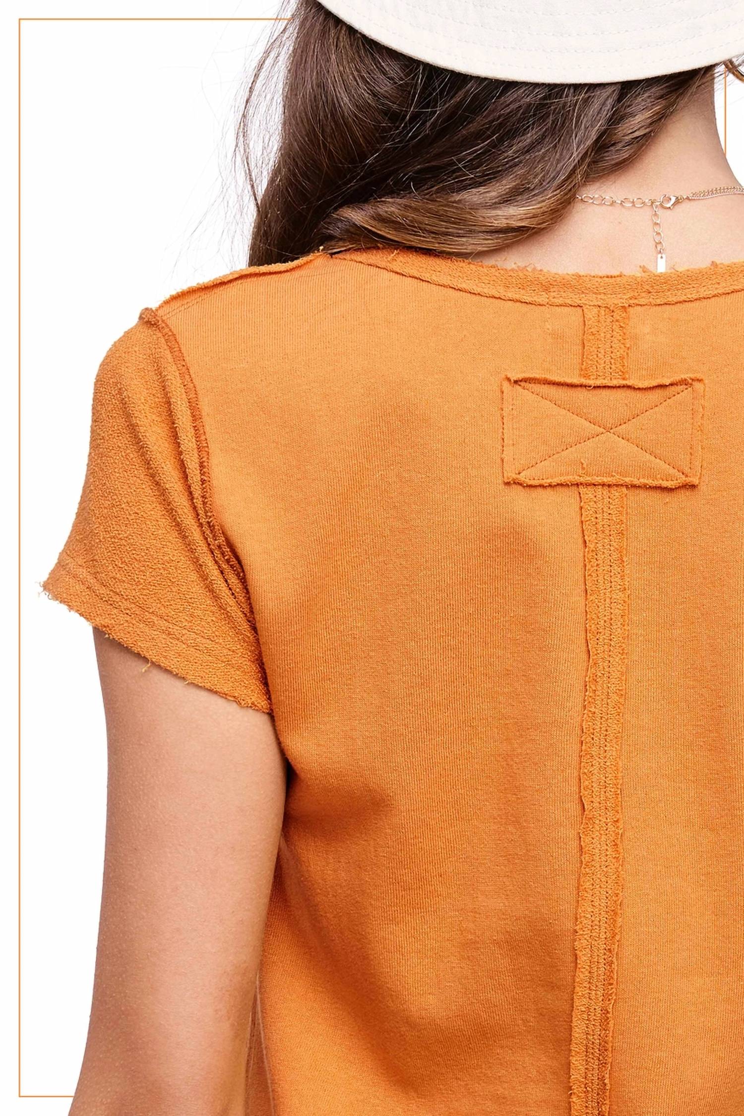 La Miel - Textured Soft Terry Fabric Raw Edge Short Sleeve Top