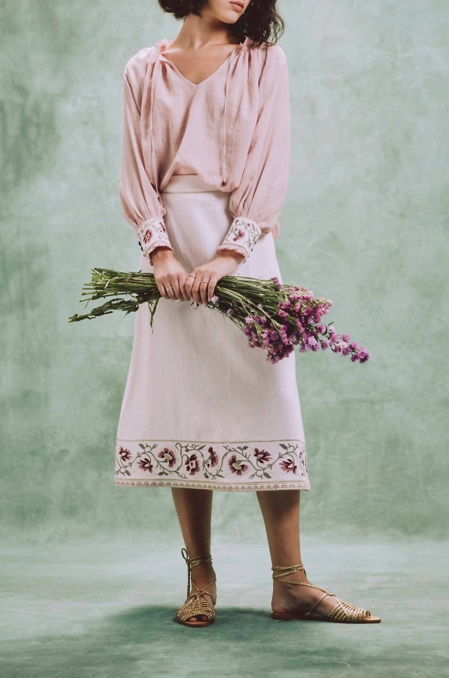 Rosewater House Lola Embroidered Floral Midi Skirt in pink - women's skirt