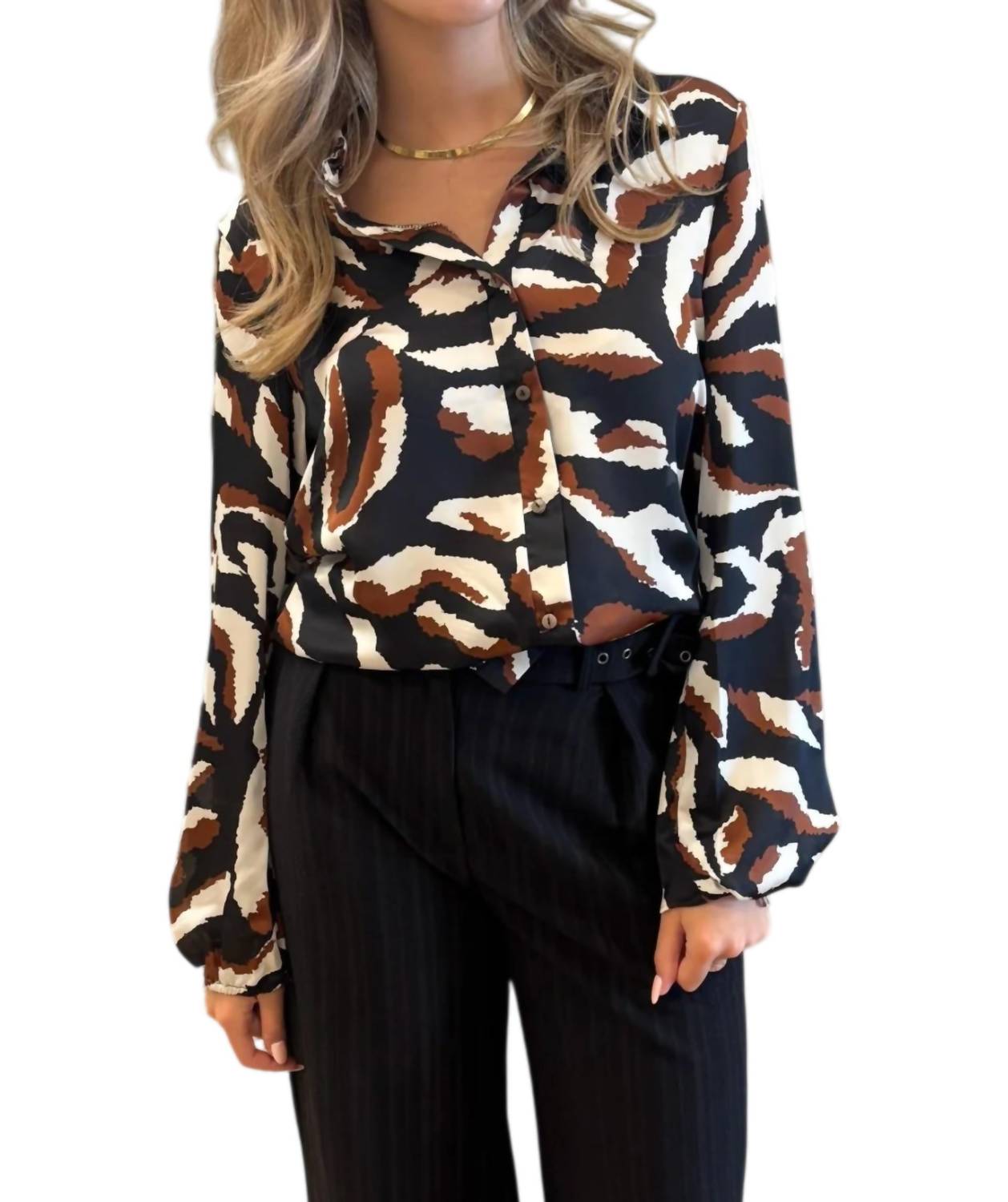 BUCKETLIST Eli Collared Button Down Top in black brown - women's shirt