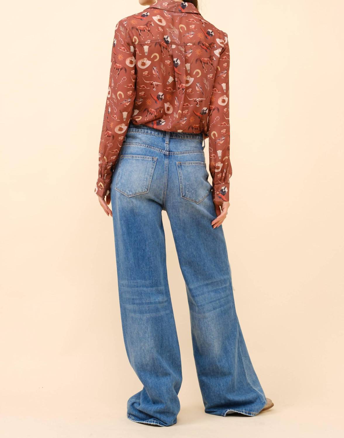 Blue B Western Print Chiffon Button Up Blouse in russet brown - women's blouse - detail view