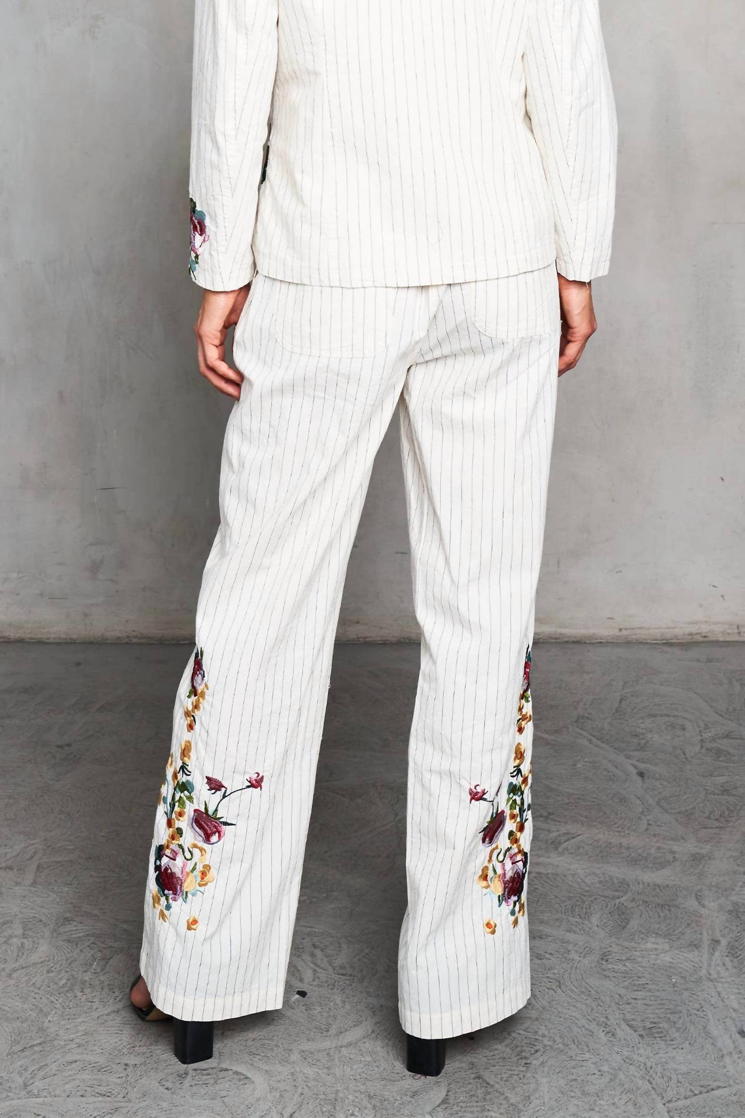 Paparazzi - Woven Yarn Dyed Pin Striped Embroidered Trim Pant