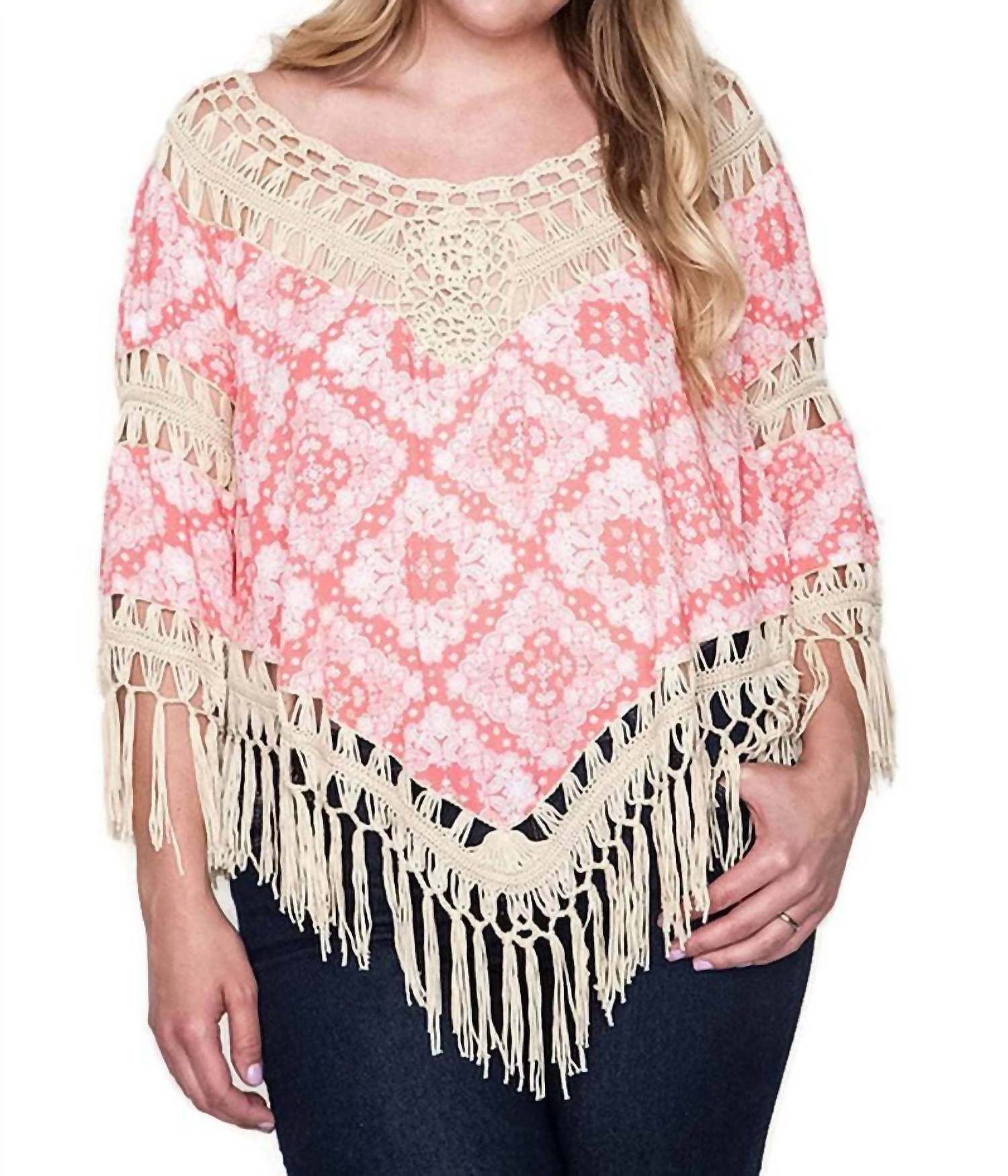 Umgee - Crochet & Fringe Printed Top