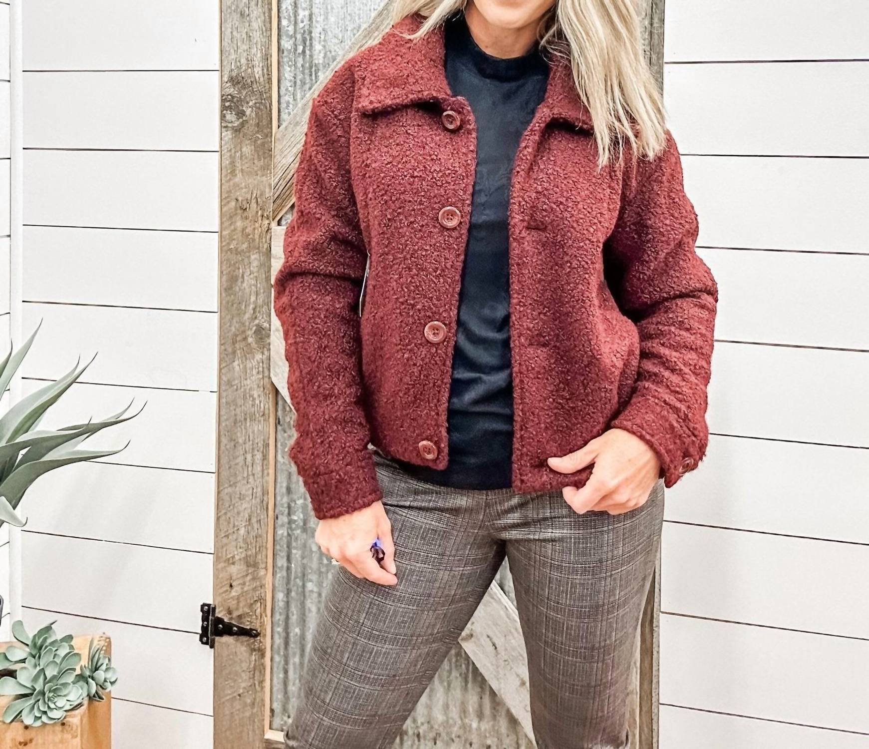 TRIBAL Button Down Boucle Jacket in passion plum - women's jacket