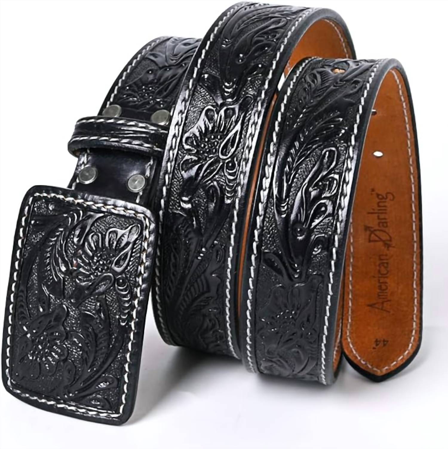 American Darling Women's Tooled Leather Western Belt in black - women's accessory - detail view