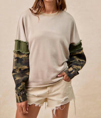 BiBi French Terry Camo Sleeve Frayed Edge Top in taupe camo - women's long sleeve top