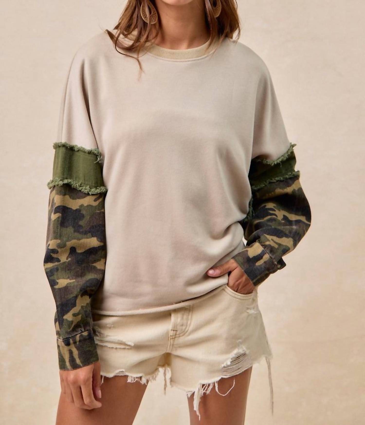 BiBi French Terry Camo Sleeve Frayed Edge Top in taupe camo - women's long sleeve top