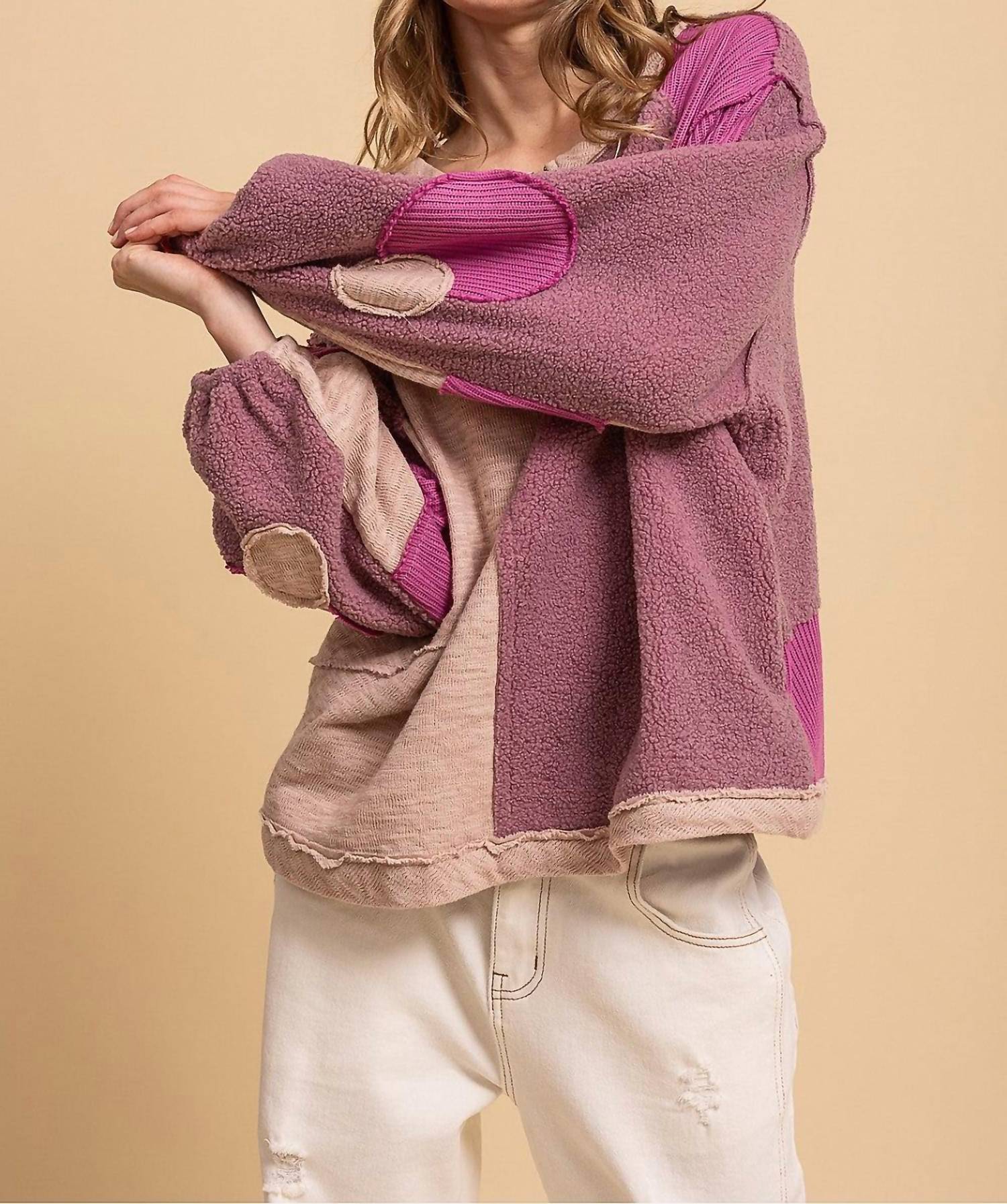 Blue Velvet Relaxed Fit Multi Media Fabric Mixed Knit Color Block Top in mulberry - women's sweater - view 4