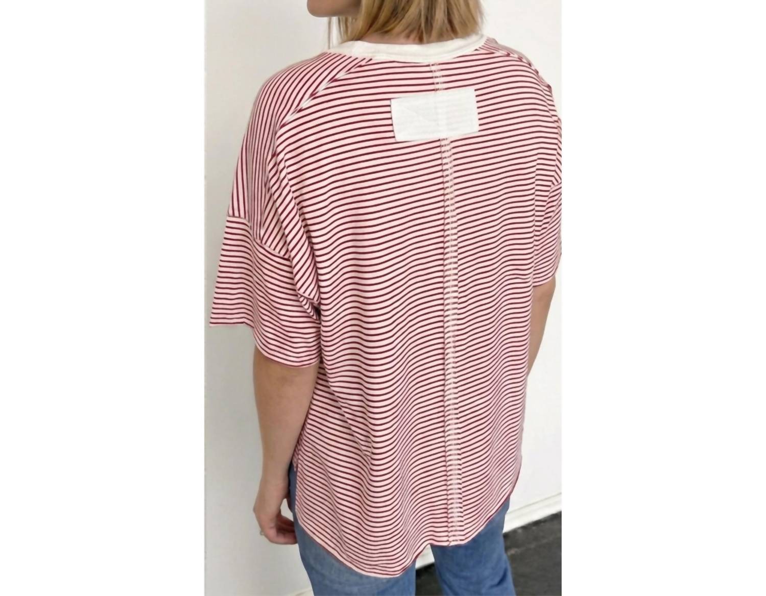 LA MIEL Coastal Shoreline Boxy Tee in red summer stripe - women's t-shirt - detail view