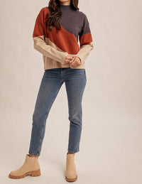 Hem & Thread Color Block Wave Mock Neck Sweater in navy brick taupe - women's sweater - view 4