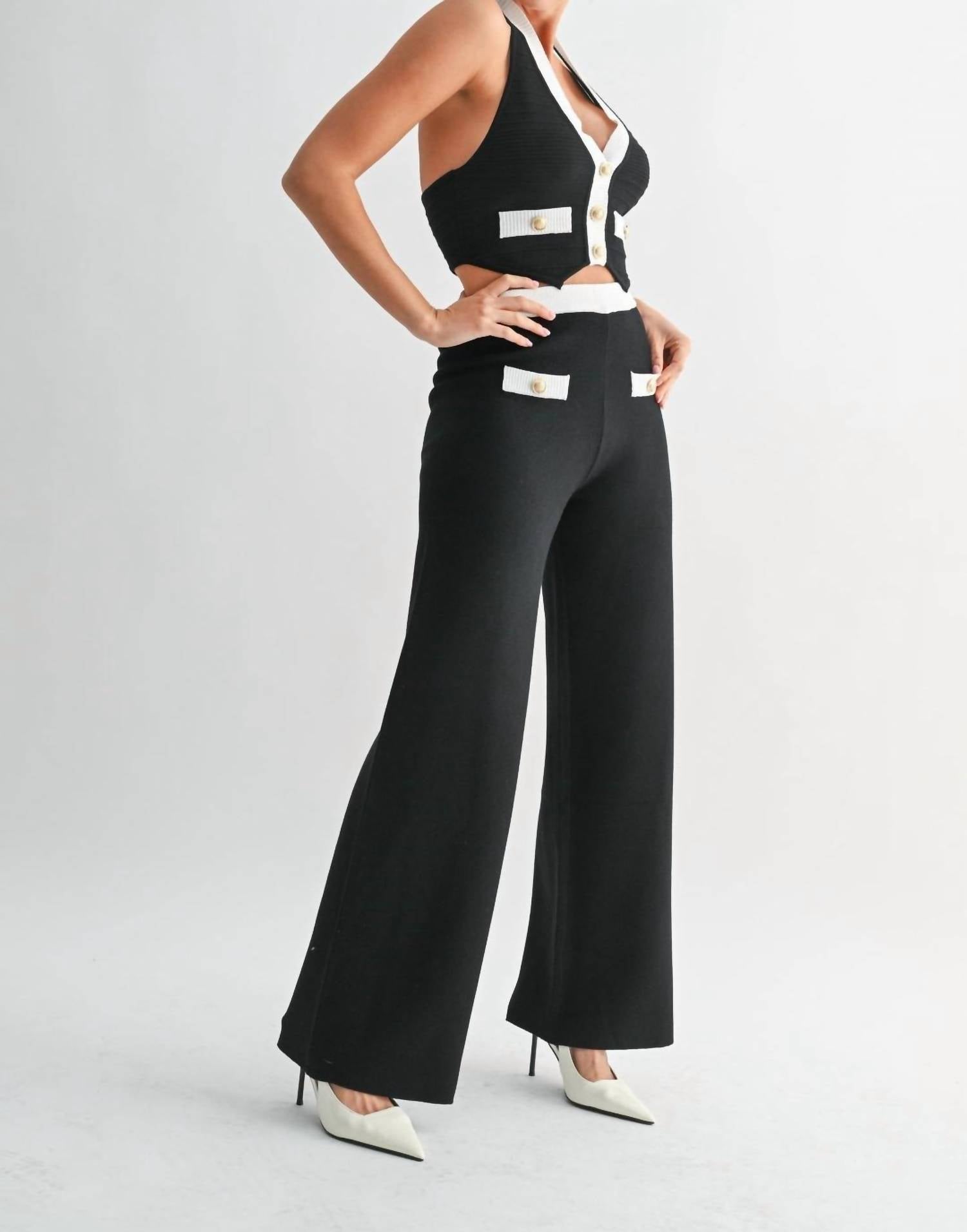 Blithe Faye Contrast Button Halter Set in black - women's sleepwear - alternate view