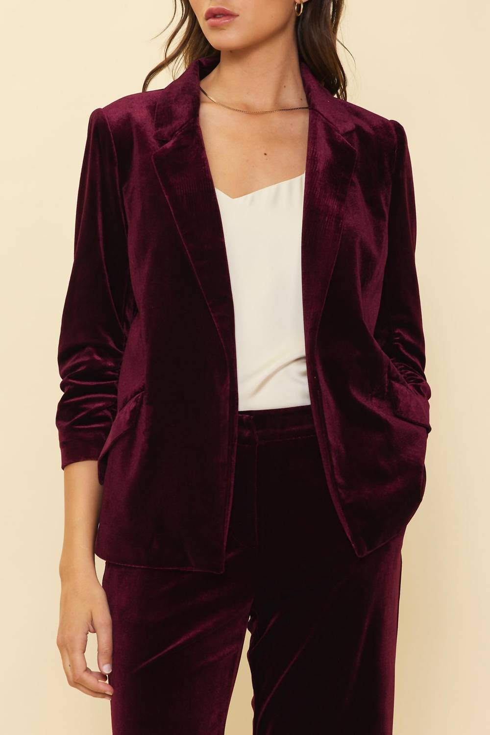 SKIES ARE BLUE Velvet Crush Blazer With Bunched Sleeves in burgundy - women's jacket