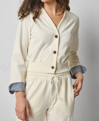 Lilla P Chambray Cuff Cardigan in magnolia - women's cardigan - detail view