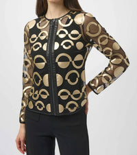 Joseph Ribkoff Mesh and Leatherette Collarless Jacket in black gold - women's jacket