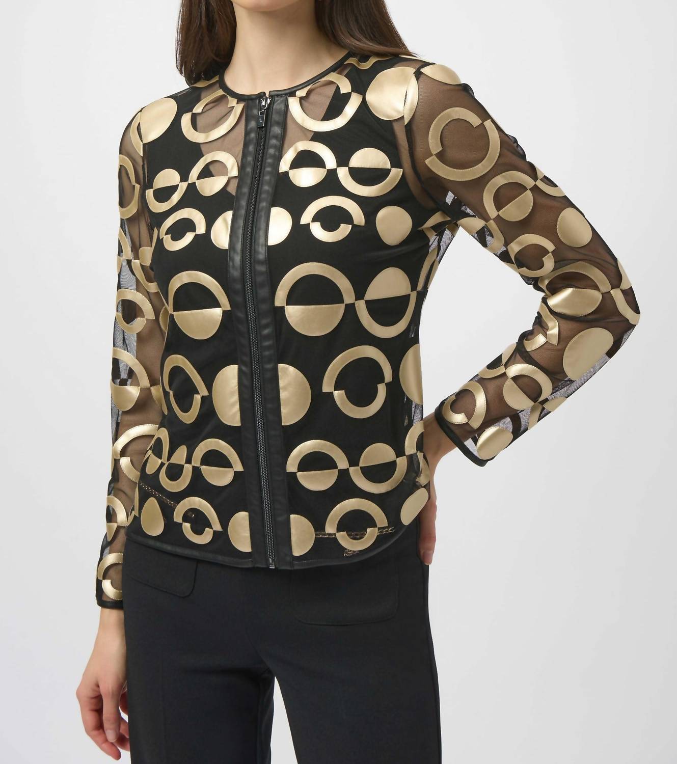 Joseph Ribkoff Mesh and Leatherette Collarless Jacket in black gold - women's jacket