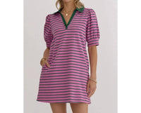 Style Usa - Stripe Print V-neck Puff Sleeve Collared Mini Dress