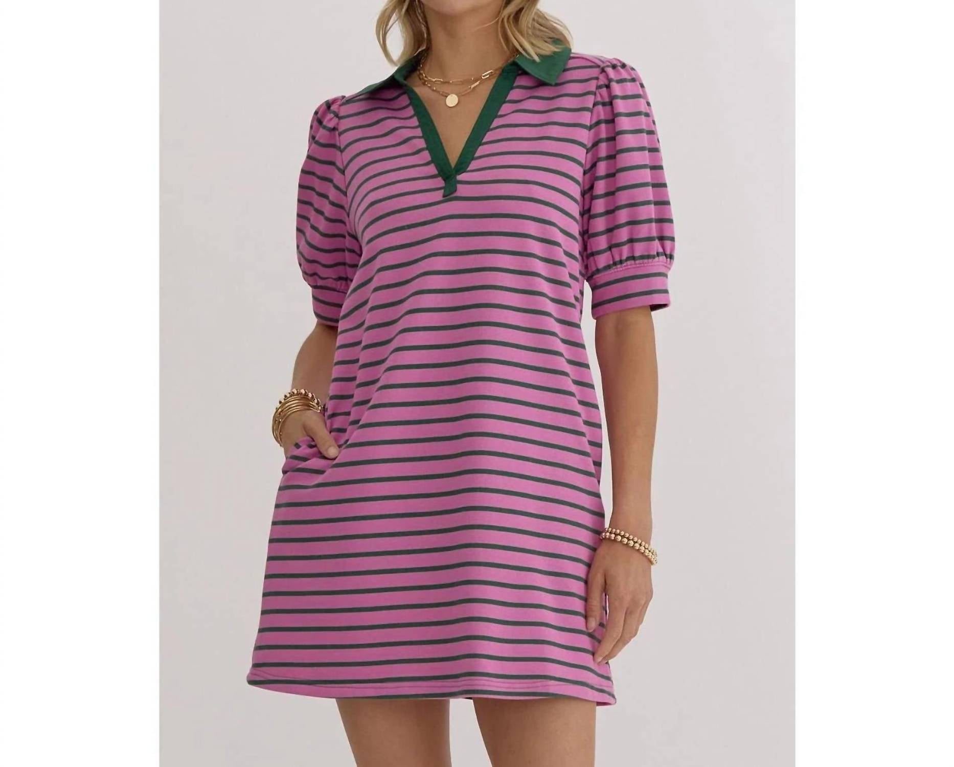 Style Usa - Stripe Print V-neck Puff Sleeve Collared Mini Dress