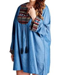 Velzera - Tassel Embroidered Denim Mini Dress