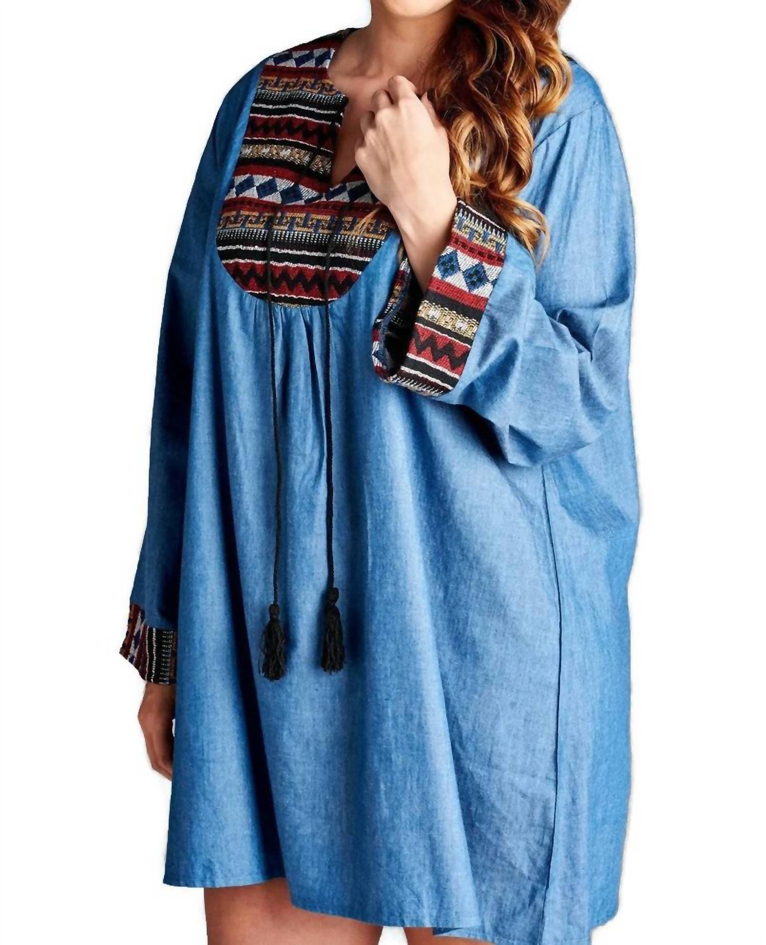 Velzera - Tassel Embroidered Denim Mini Dress