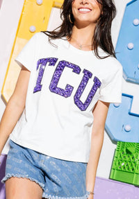 QUEEN OF SPARKLES Tcu Jeweled Letter Tee in white - women's t-shirt