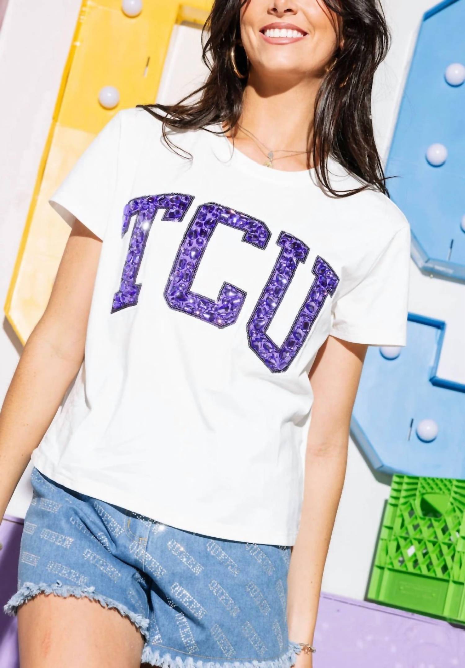 QUEEN OF SPARKLES Tcu Jeweled Letter Tee in white - women's t-shirt