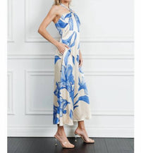 CIEBON Runie Floral Print Halterneck Maxi Dress in blue - women's dress - detail view