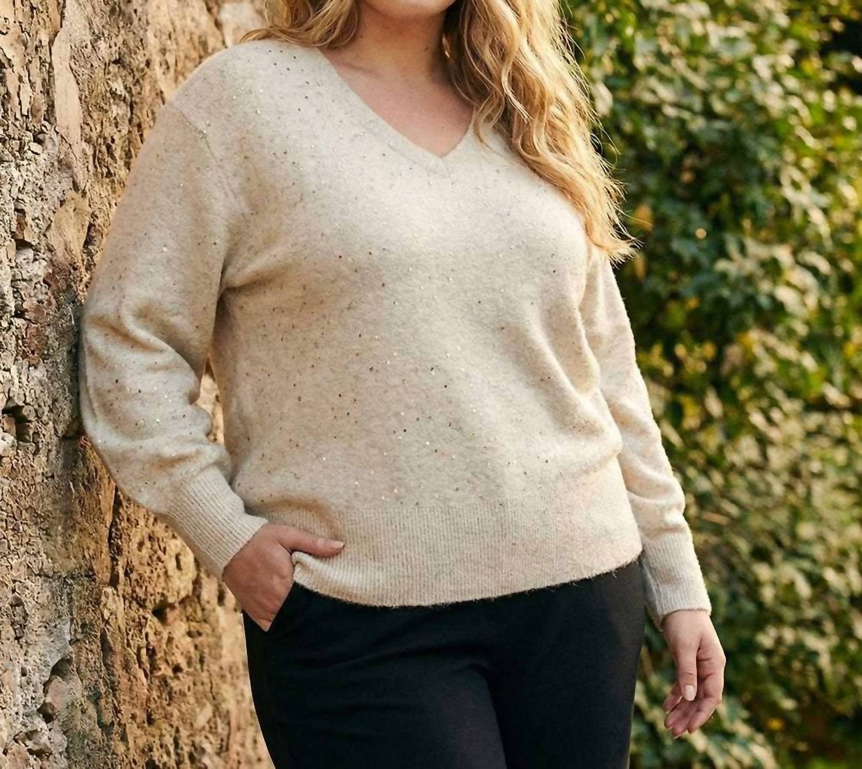 Karen Kane Sequin V-neck Sweater - Plus in sand - women's sweater - view 5