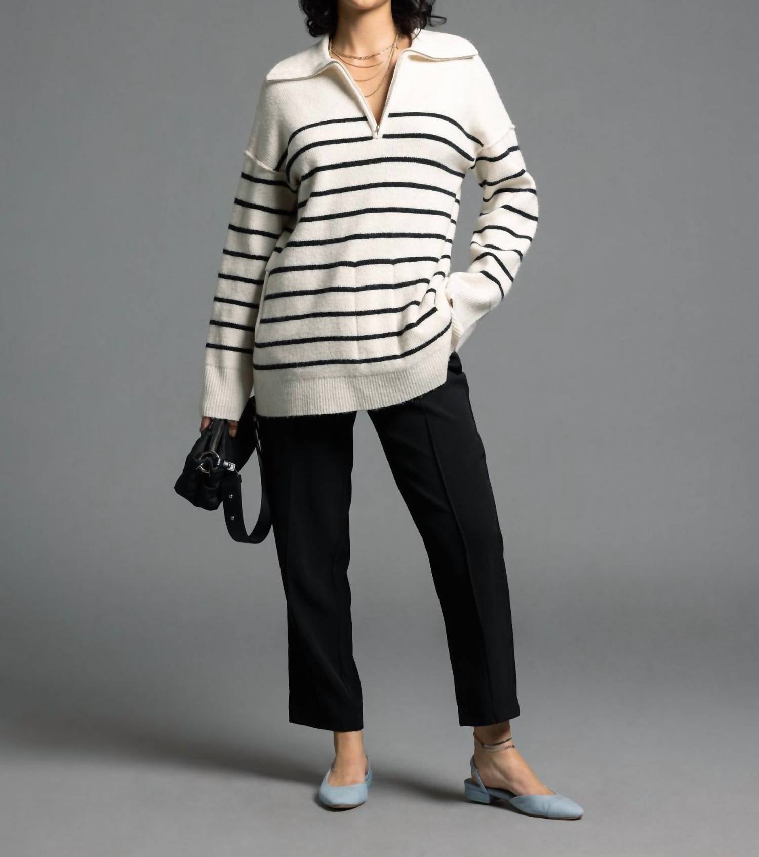 Weekend Los Angeles Coralie Zip Up Sweater in ivory black stripe - women's long sleeve top