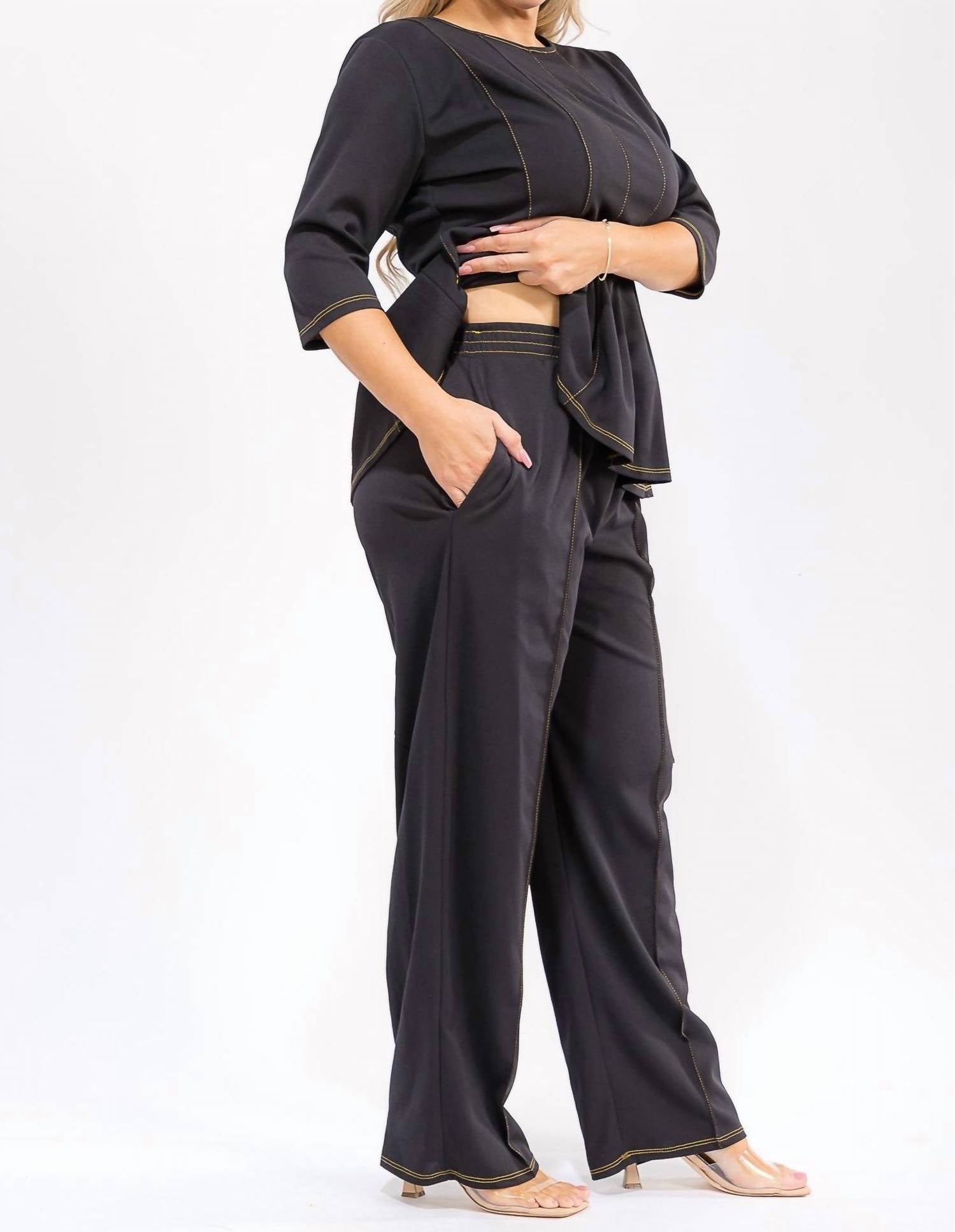 Karen T Design - Peplum Top And Straight Cargo Pants Set