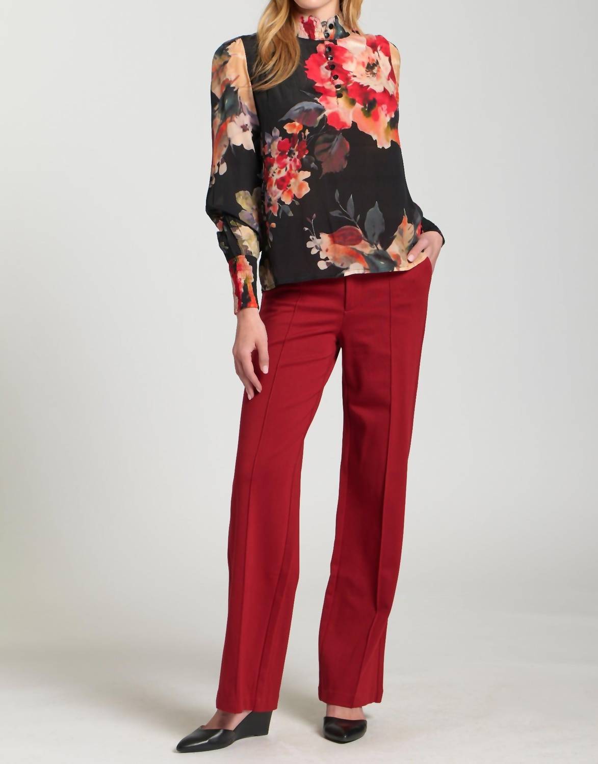 APNY Front Zip With Pin Tucked Leg Pant in cherry red - women's pants - view 5