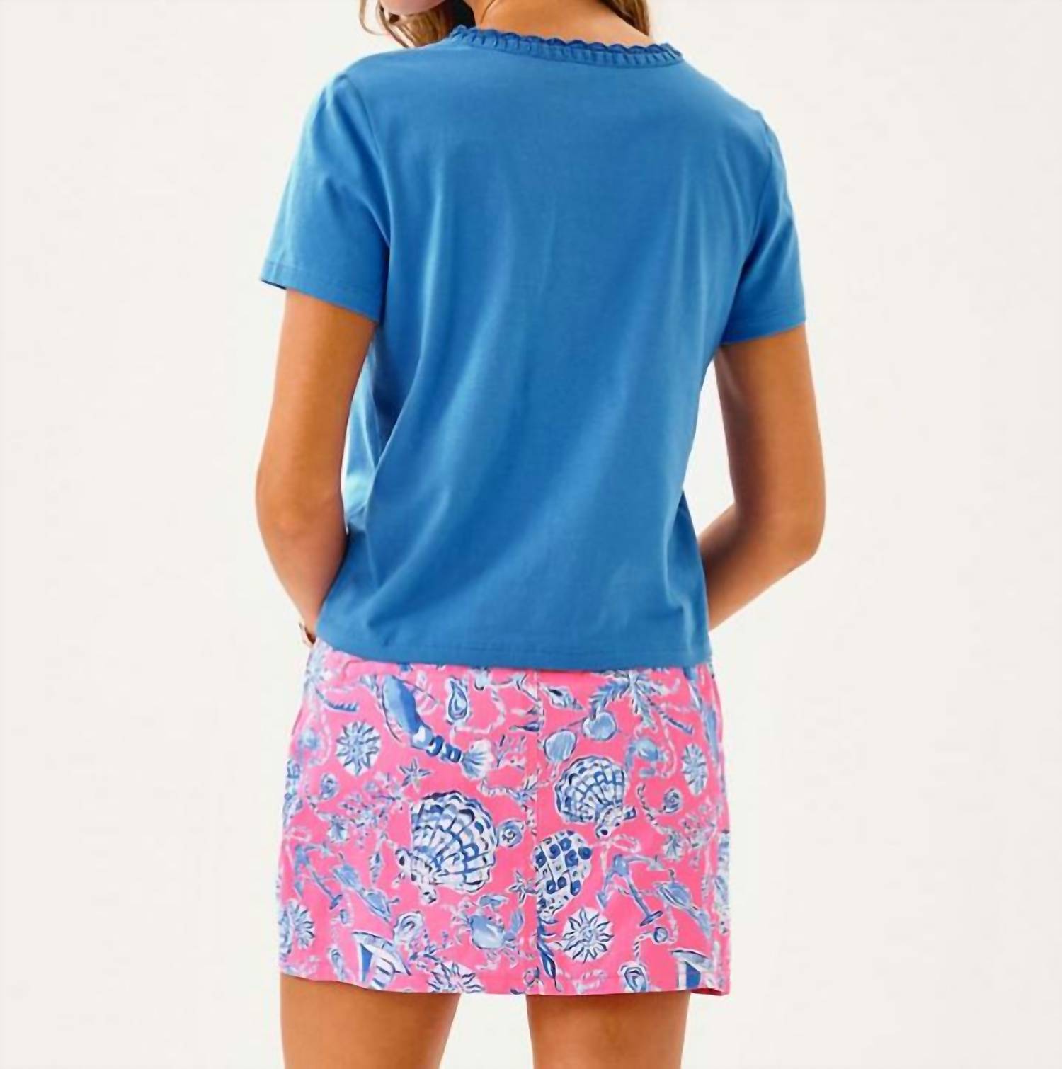 Lilly Pulitzer Clairmont Crochet Trimmed Knit Top in sunwashed blue - women's blouse - detail view