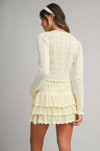 Mable - Sunrise Bow Pointelle Cardigan And Skirt Set
