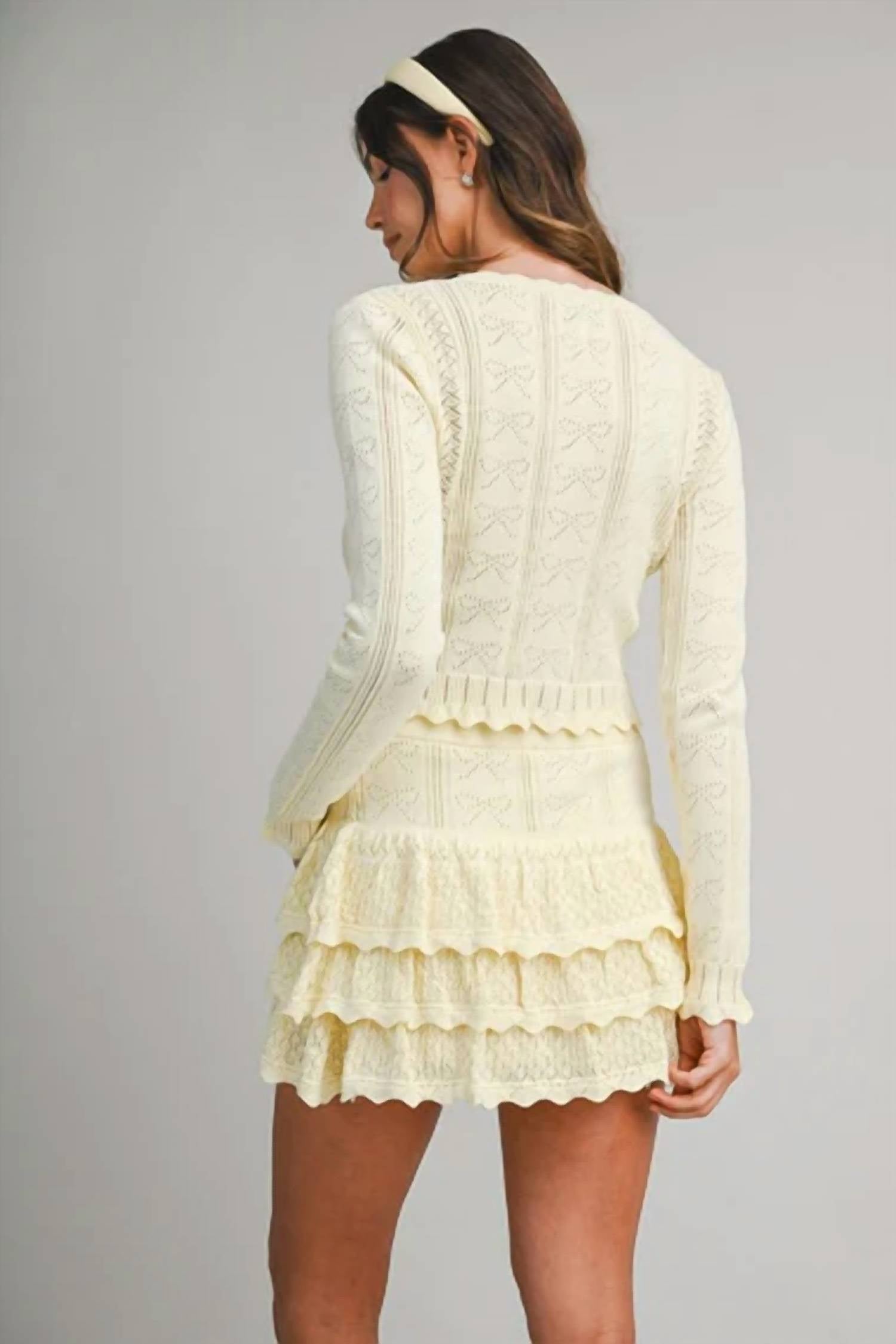 Mable - Sunrise Bow Pointelle Cardigan And Skirt Set