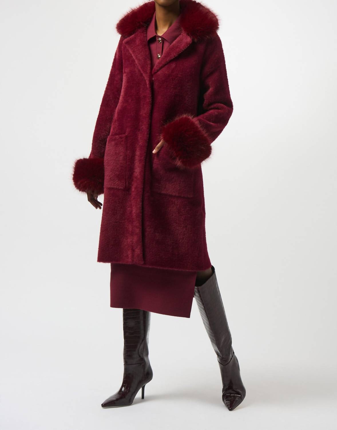 Joseph Ribkoff - Detachable Faux Fur Trim Long Sleeve Coat