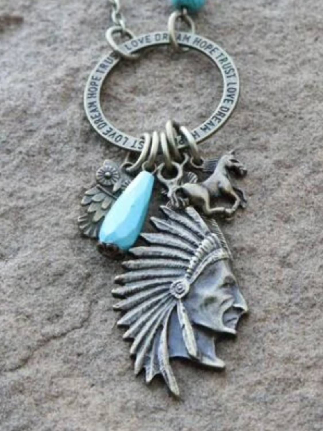 Pink Panache Women's Inspirational Ring With Indian Charm Necklace in turquoise - women's jewelry - detail view