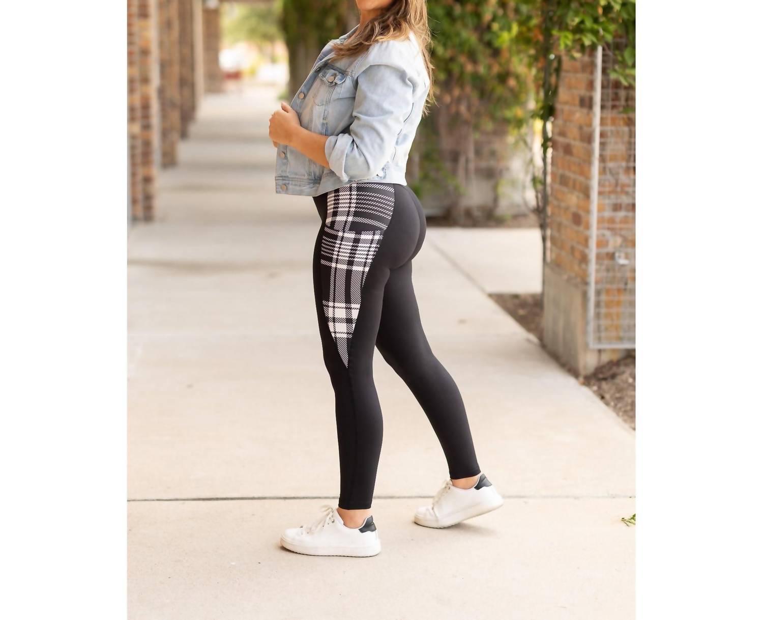 Julia Rose Gabby Plaid Panel Leggings in black white - women's pants - detail view