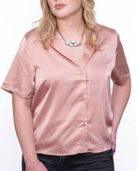 Ee:Some - Satin Button Up Short Sleeve Blouse